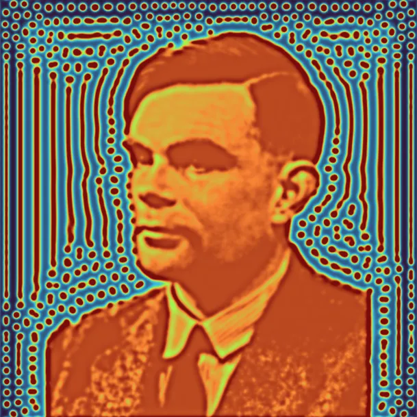 Alan Turing surrounded by a simulated Turing pattern